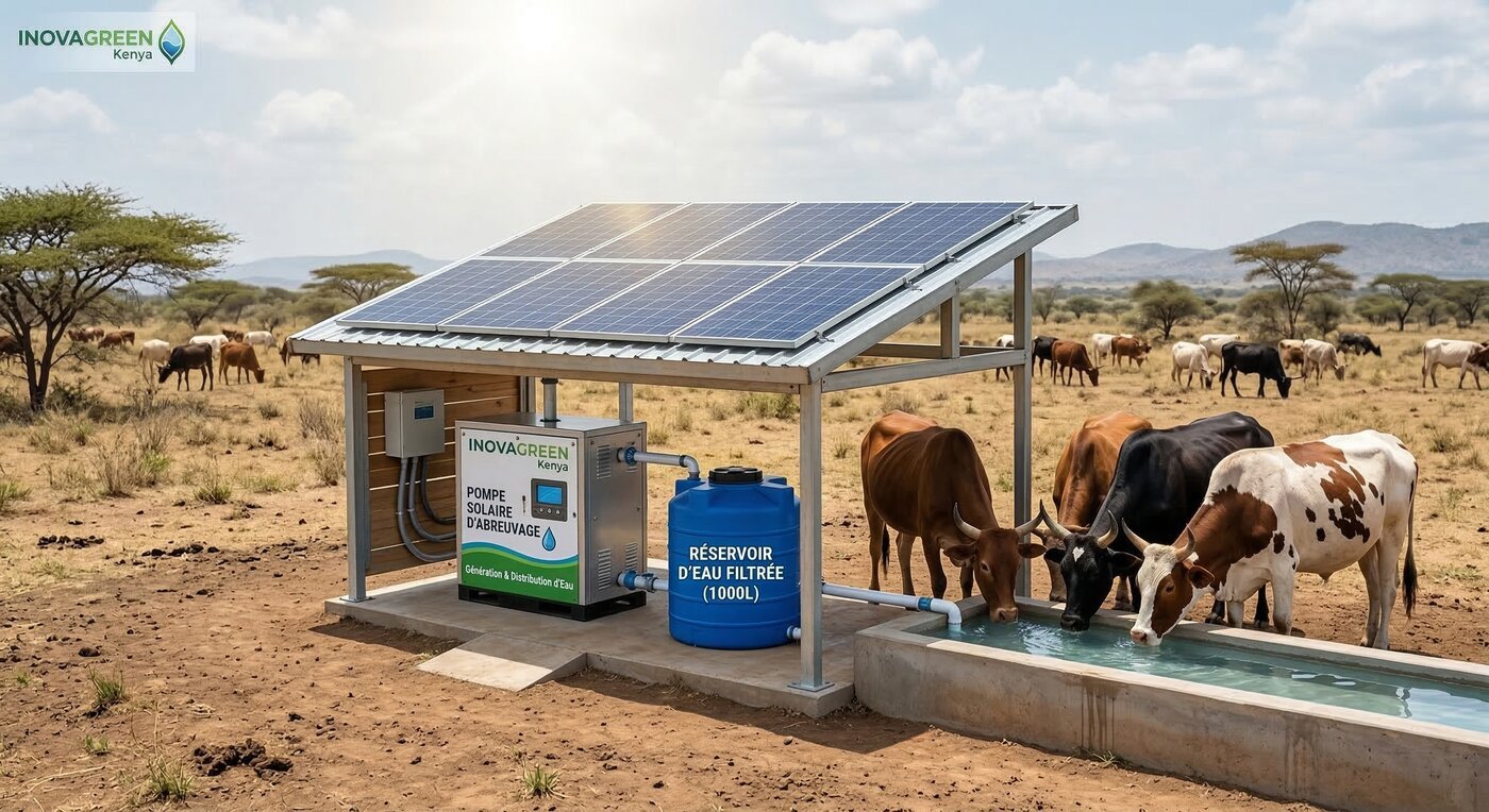 Solar livestock trough filled with water from air for pastoral communities in arid Kenya